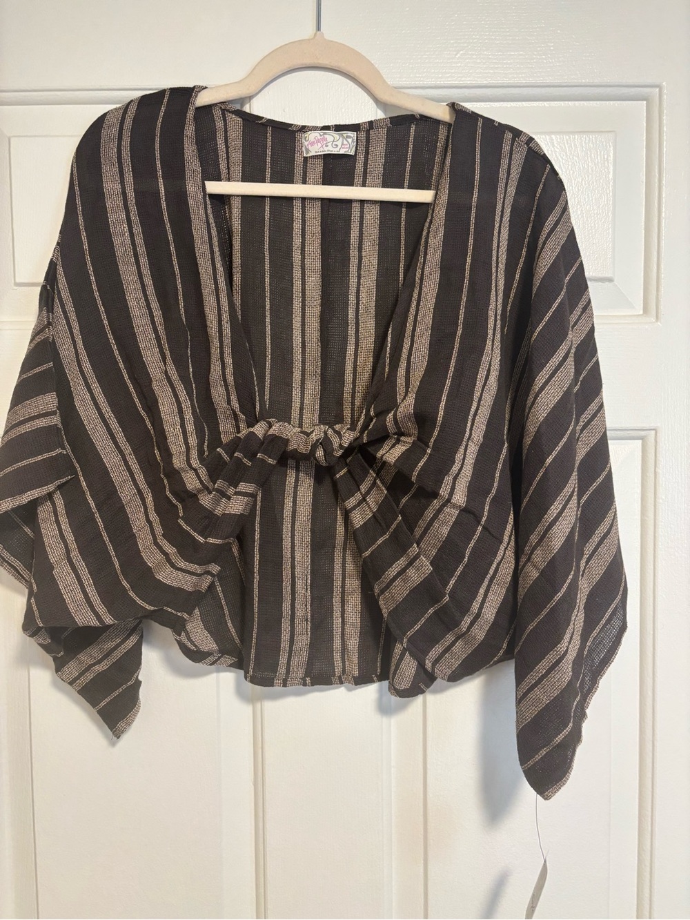 Free People Brown and Cream Striped Tie-Front Shrug One Size 100% Cotton